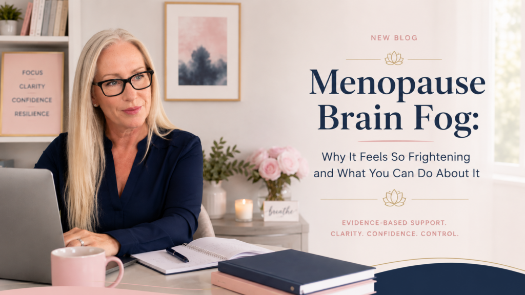 Karen Vernon, BABCP Accredited CBT Therapist, working at her desk discussing menopause brain fog, confidence, and evidence-based CBT support for professional women.