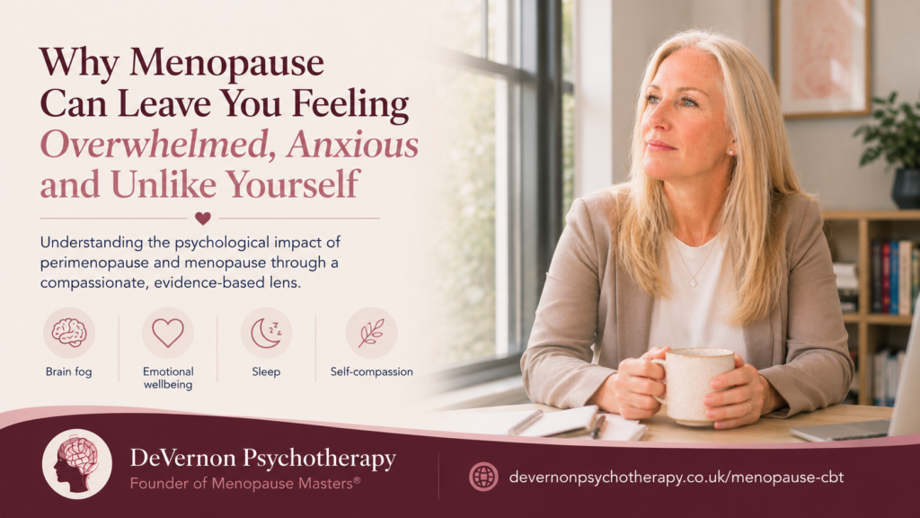 Professional midlife woman reflecting calmly as she navigates perimenopause and menopause, representing overwhelm, anxiety and emotional wellbeing during the menopause transition.
