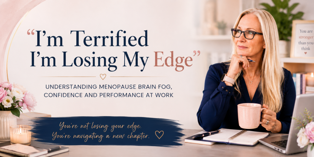 Professional woman experiencing menopause-related brain fog and workplace confidence concerns, reflecting on performance and resilience at work.
